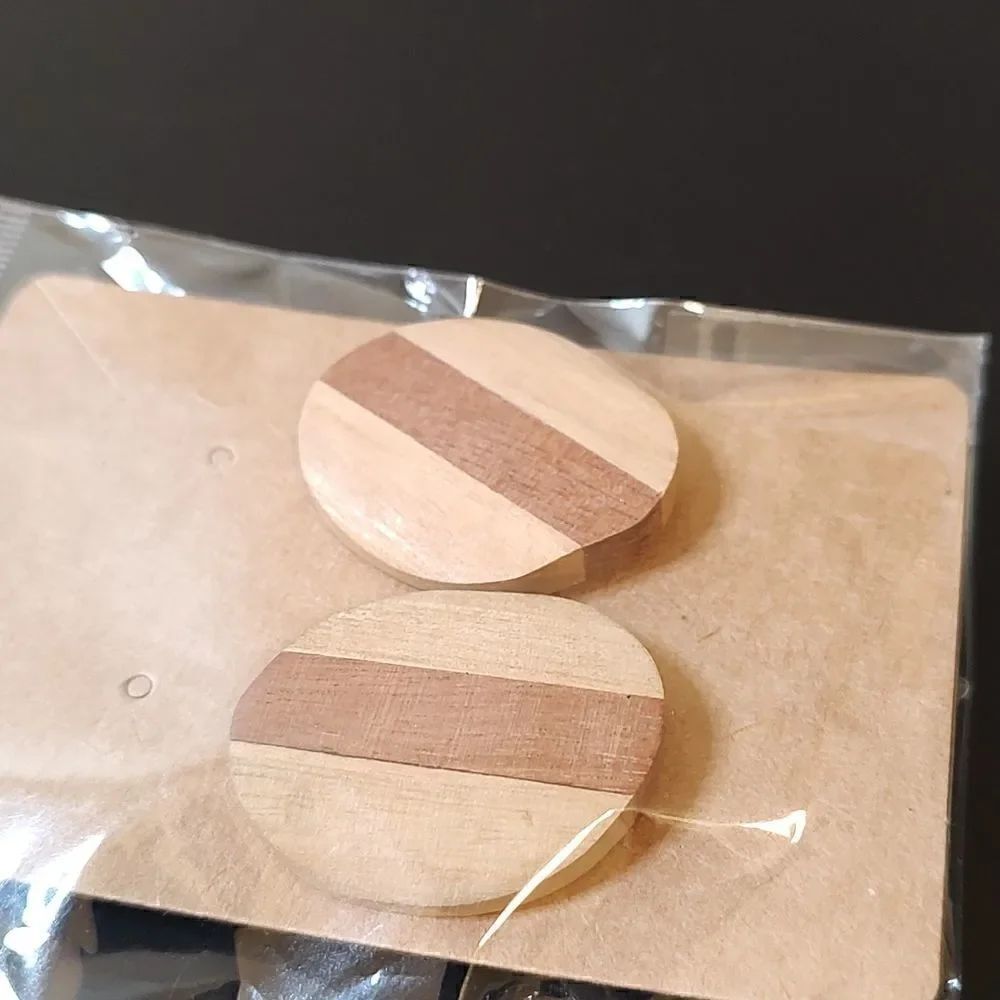Hand Crafted 2-Tone Wood Organically Round Pierced Earrings New in Package